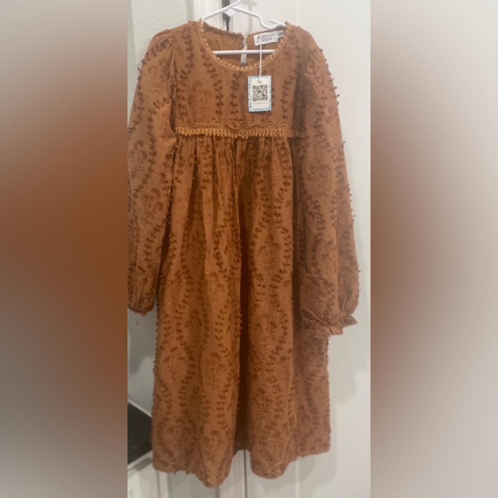 Riley Faith Designs Lace Ruffled Brown Lined Long Sleeve Pullover Dress 10/12
